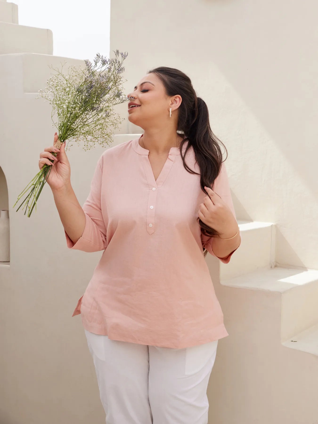 Salmon Pink Short Kurta with White Cotton Pant