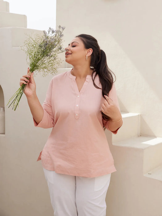 Salmon Pink Short Kurta with White Cotton Pant
