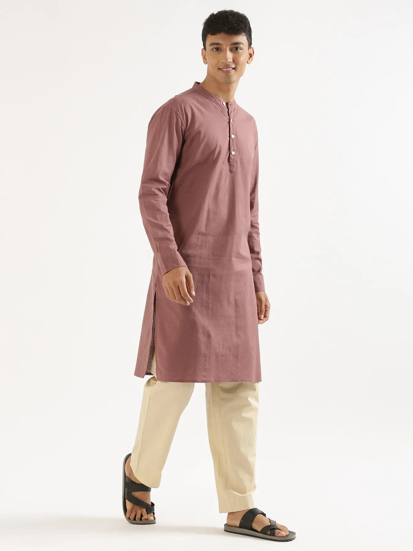 Men Rose Taupe Airy Linen Long Kurta