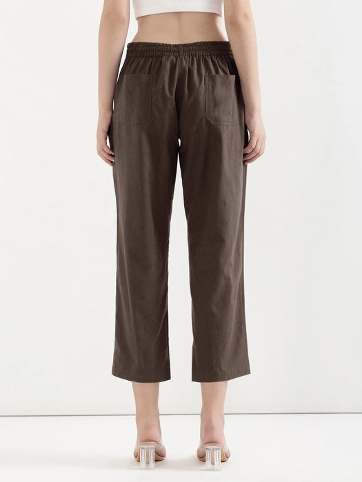 Women Dark Brown Airy Linen Straight Pants