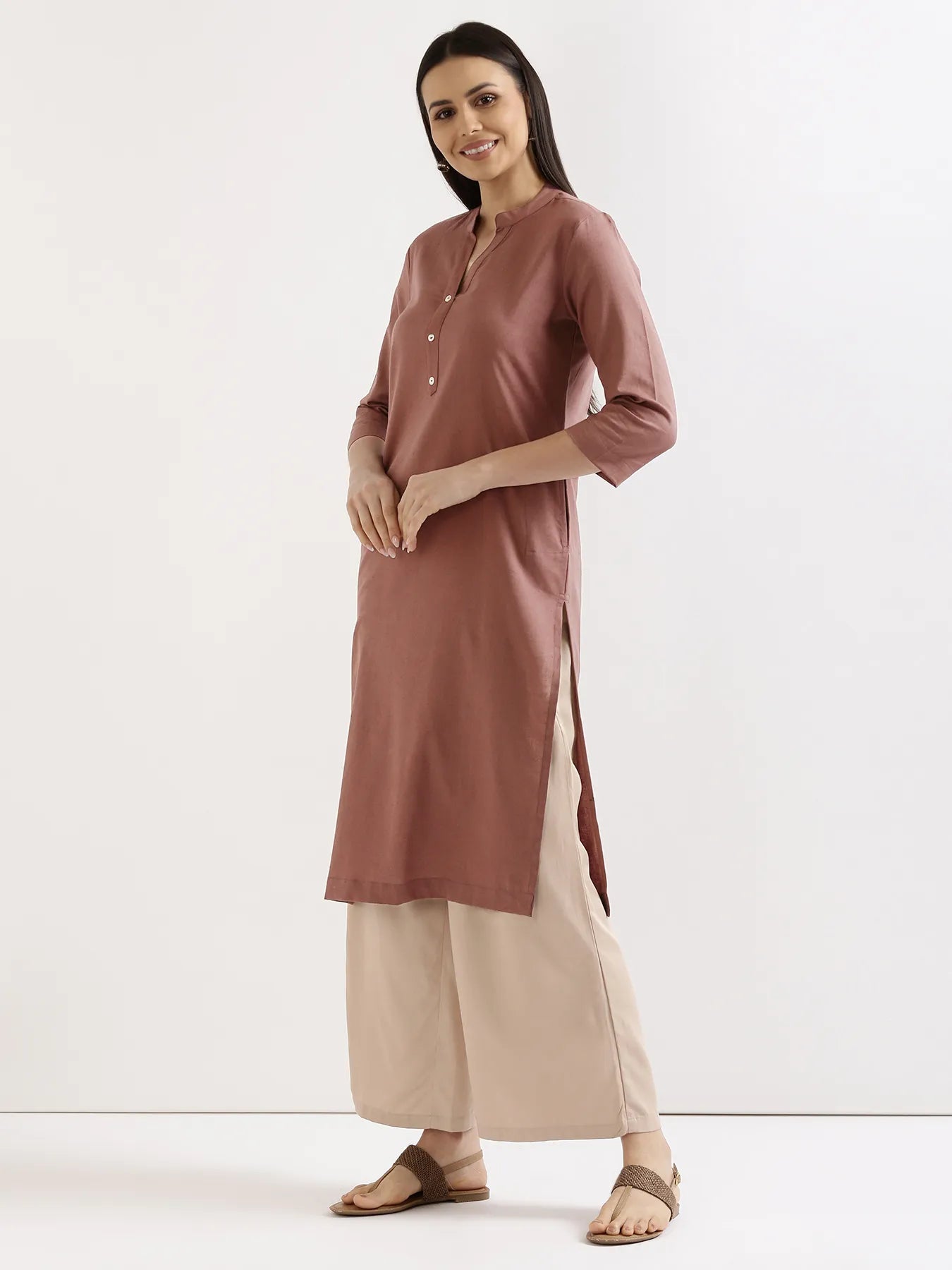 Women Rose Taupe Airy Linen Long Kurta
