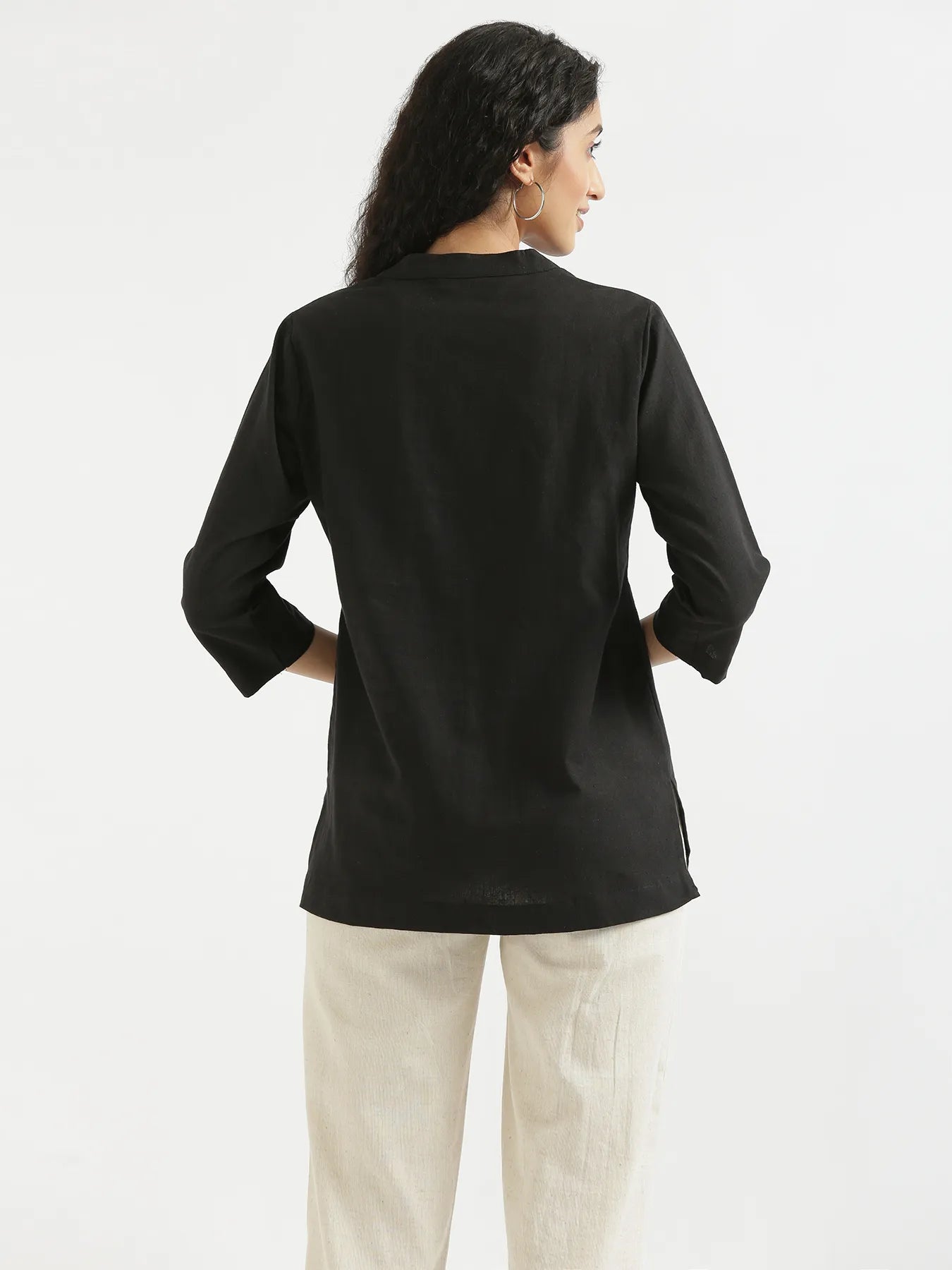 Women Black Airy Linen Short Kurta