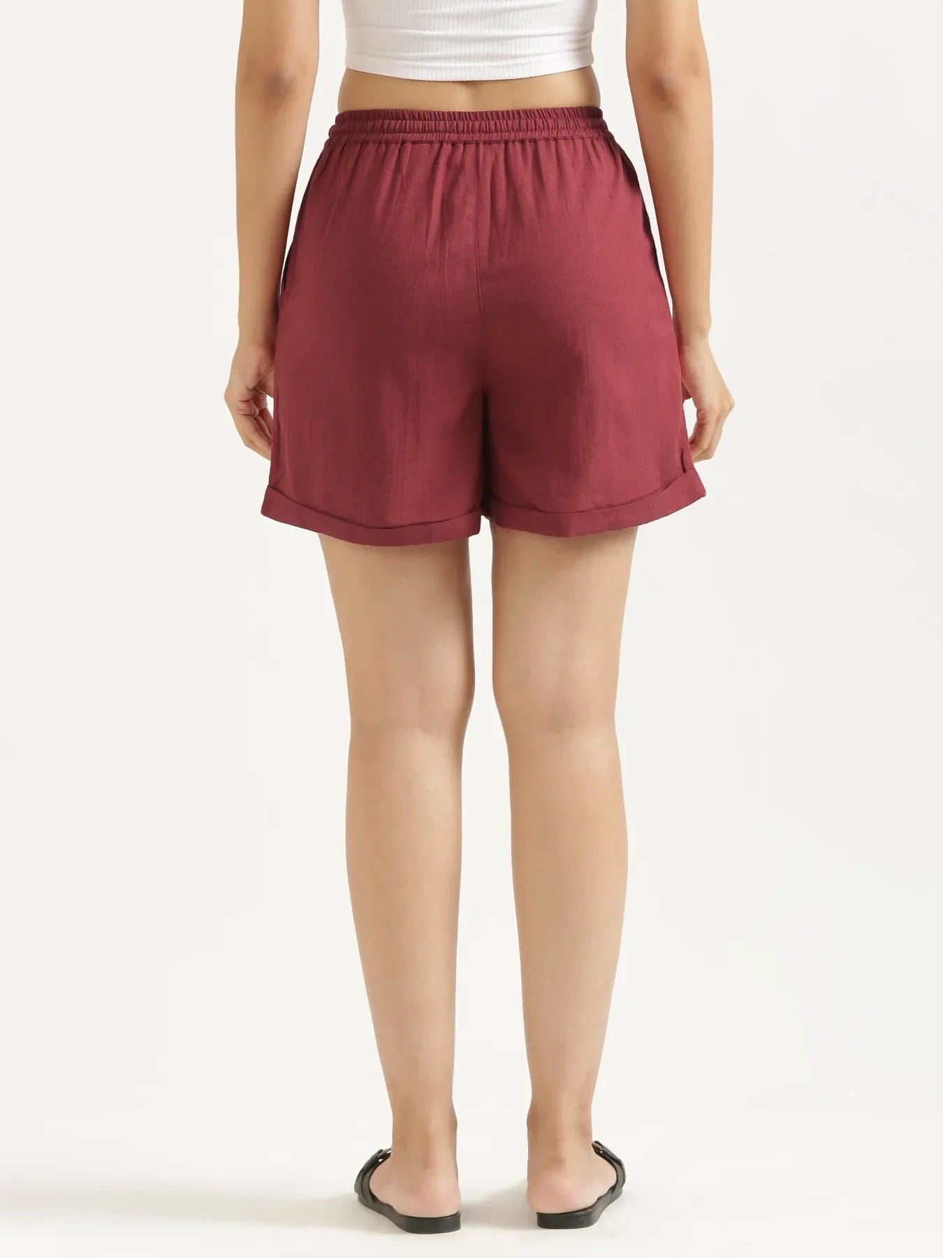 Women Maroon Flowy Linen Shorts