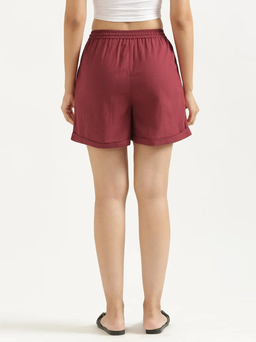 Women Maroon Flowy Linen Shorts