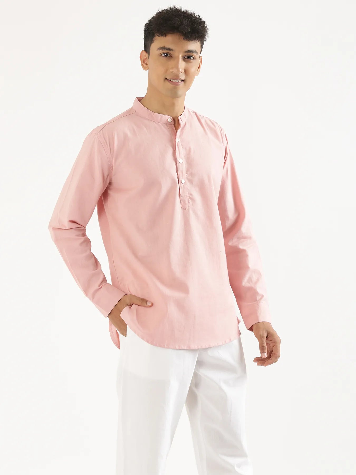 Men Salmon Pink Airy Linen Short Kurta