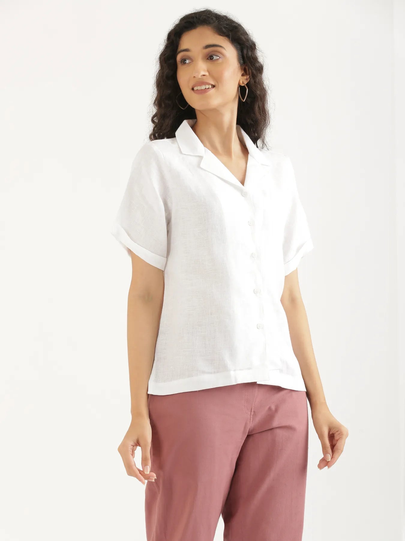 Women White Pure Linen Notch Collar Shirt