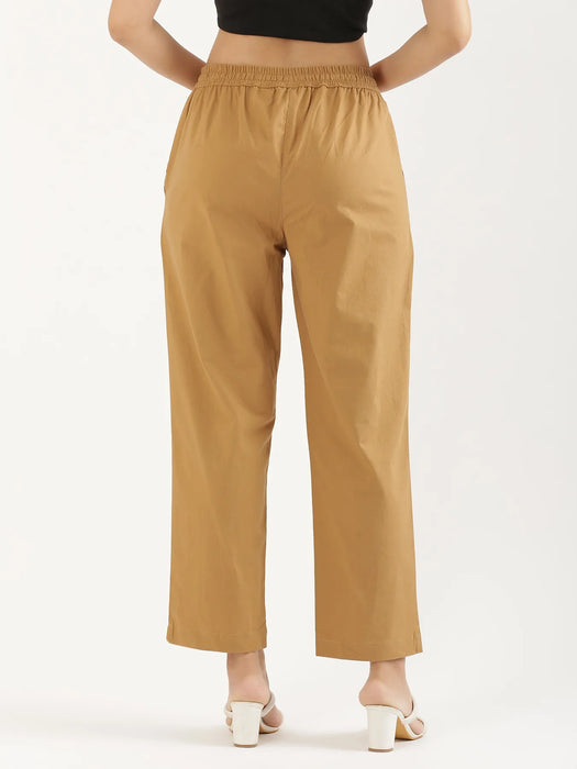 Women Coffee Brown Cotton Straight Pant