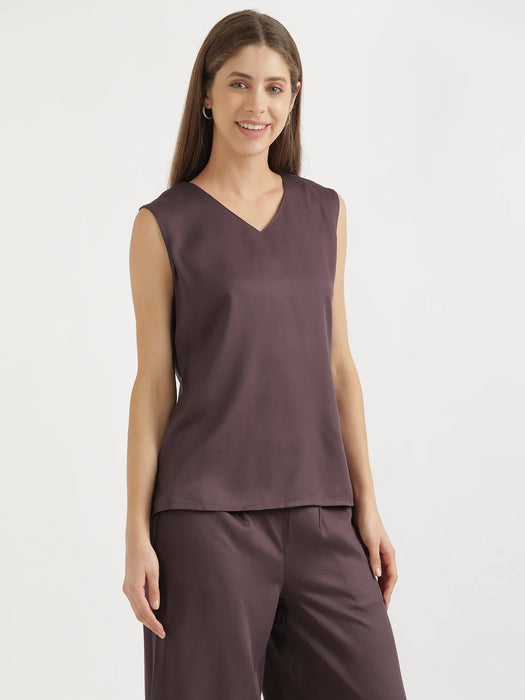 Women Brinjal V-Neck Sleeveless Top