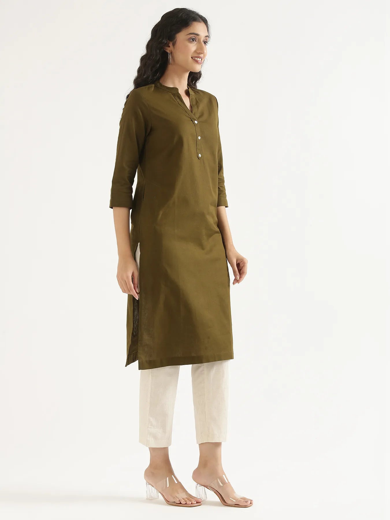 Women Olive Green Airy Linen Long Kurta