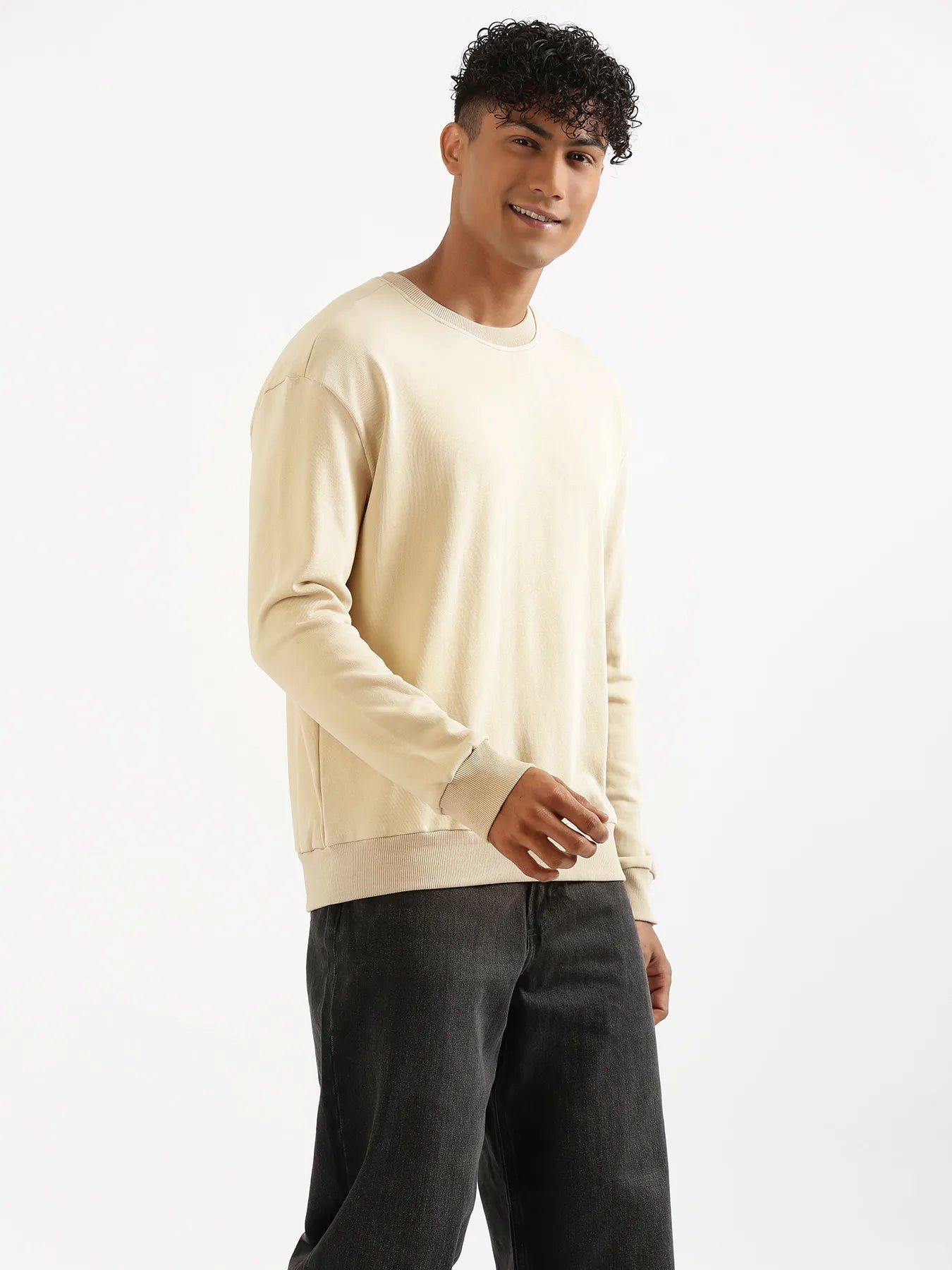 Unisex Beige Round Neck Sweatshirt