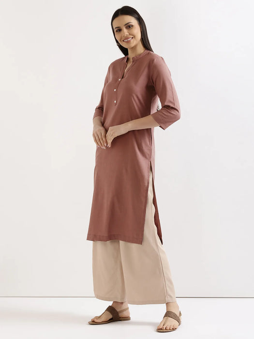 Women Rose Taupe Airy Linen Long Kurta & Beige Viscose Palazzo Pant Set