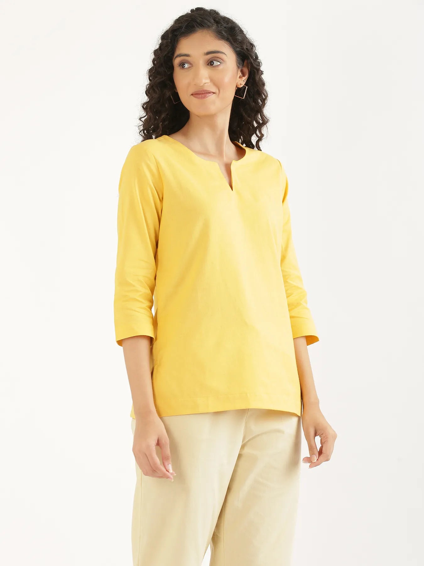 Women Yellow Airy Linen Split Neck Short Kurta