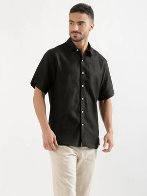 Men Black 100% Linen Half Sleeve Shirt