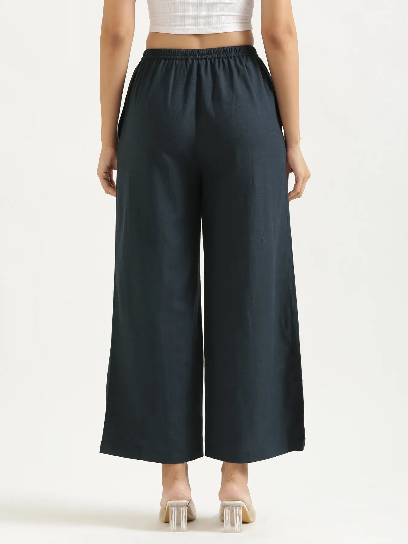 Women Navy Blue Flowy Linen Wide Leg Pants