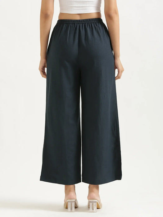 Women Navy Blue Flowy Linen Wide Leg Pants