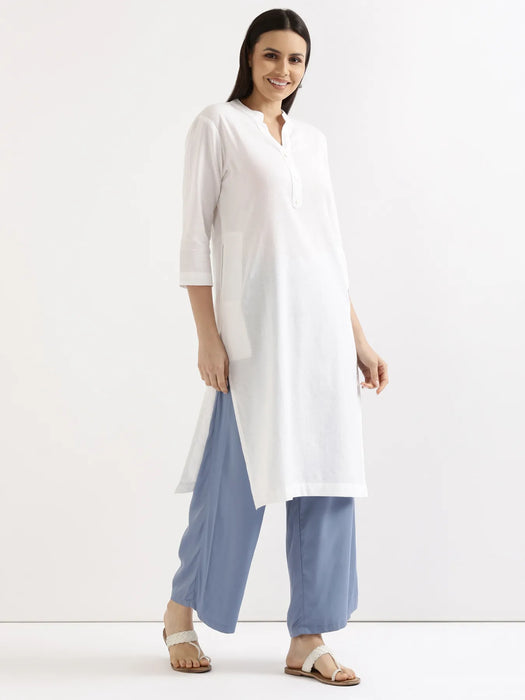 Women White Airy Linen Long Kurta & English Blue Viscose Palazzo Pant Set