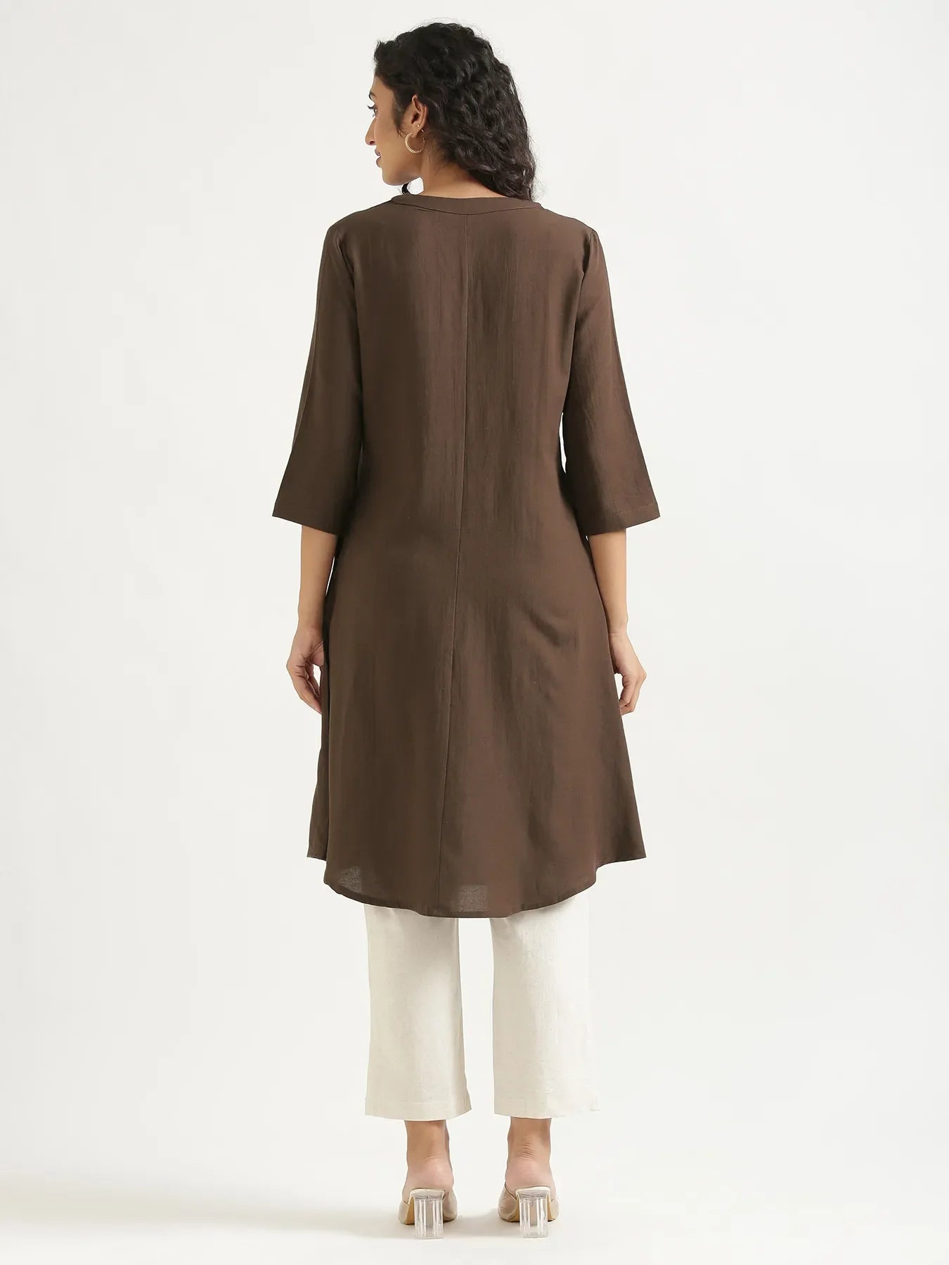 Women Dark Brown Flowy Linen A-Line Long Kurta