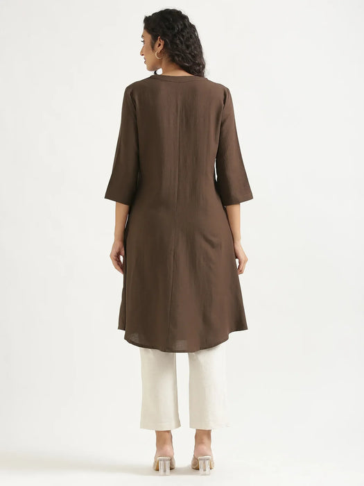 Women Dark Brown Flowy Linen A-Line Long Kurta