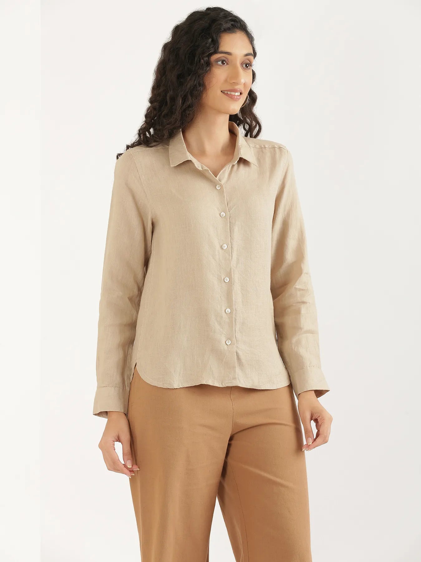 Women Taupe Pure Linen Shirt
