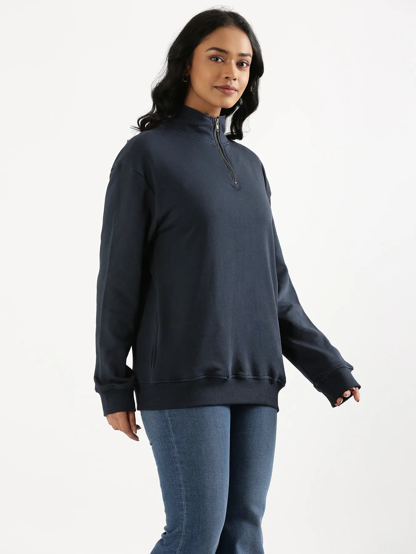 Unisex Navy Blue Zip Neck Sweatshirt