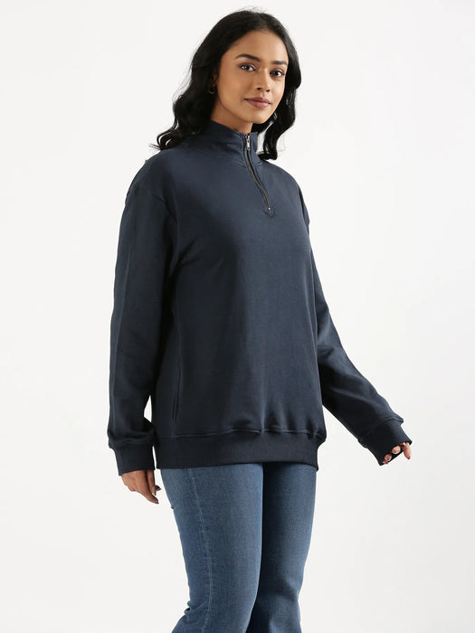 Unisex Navy Blue Zip Neck Sweatshirt