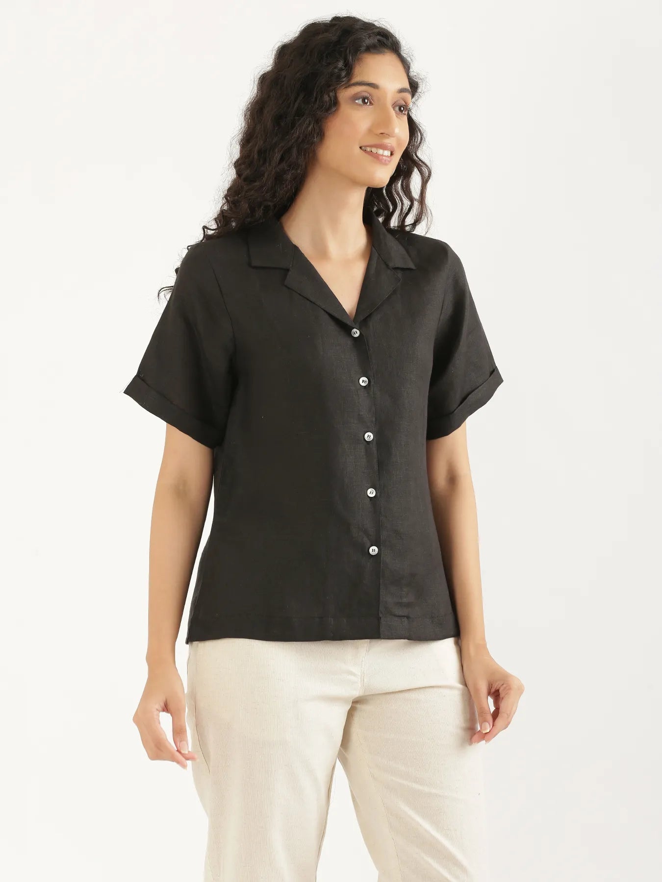 Women Black Pure Linen Notch Collar Shirt