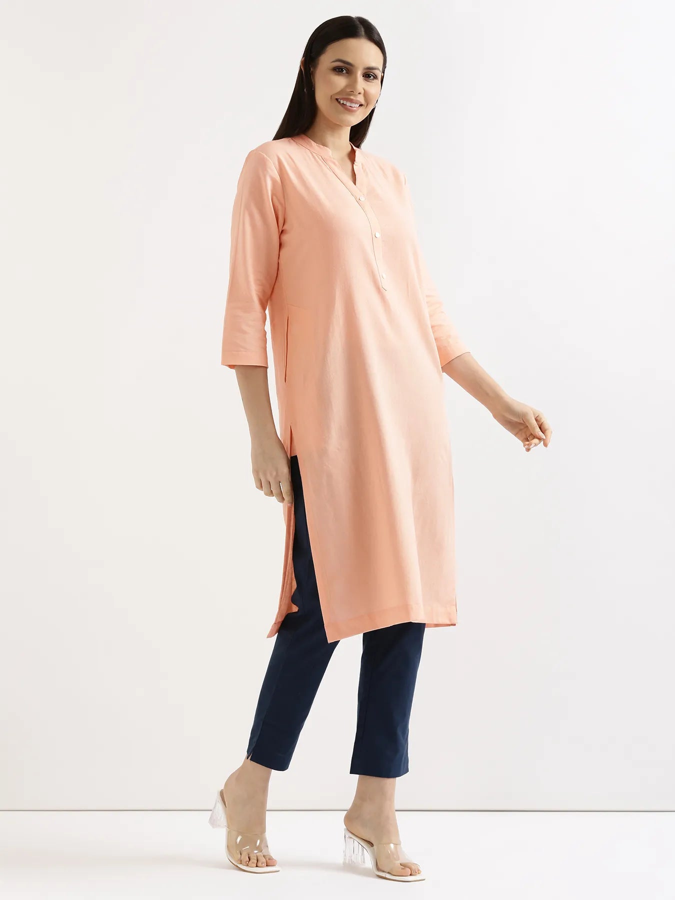 Women Peach Airy Linen Long Kurta