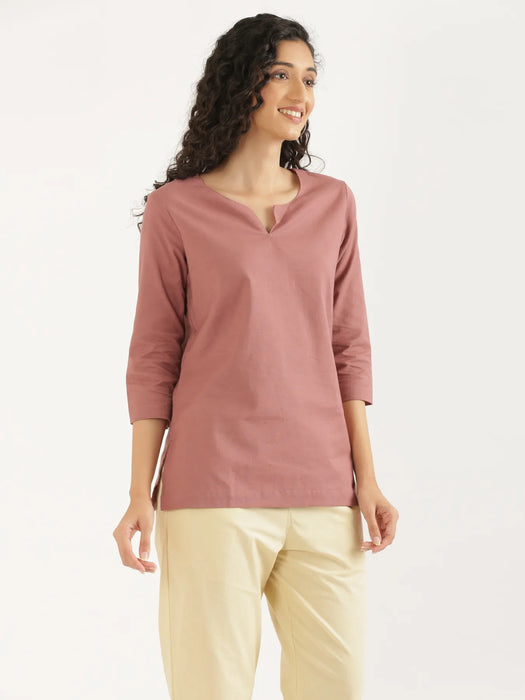 Women Rose Taupe Airy Linen Split Neck Short Kurta