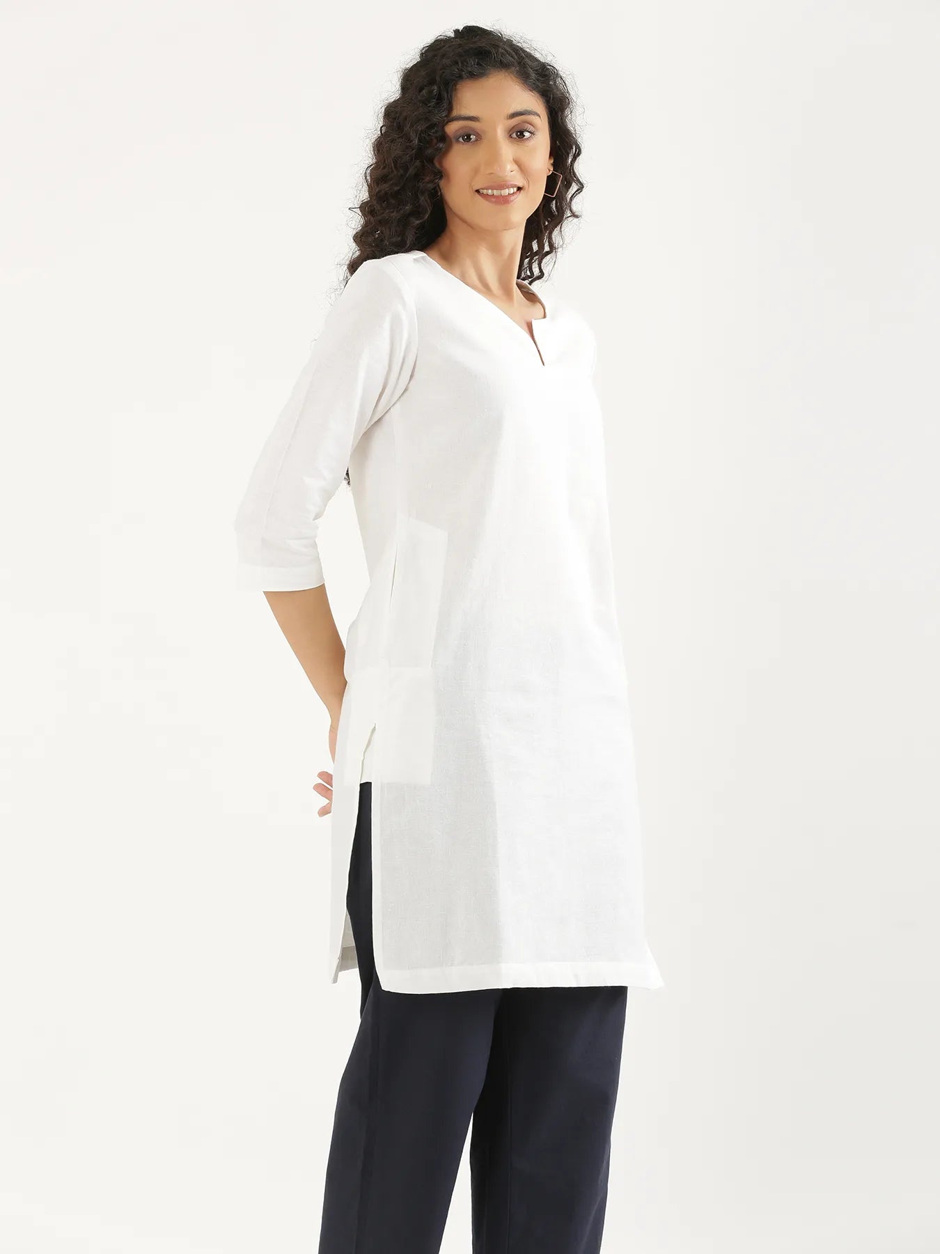 Women White Airy Linen Mid Thigh Length Kurta