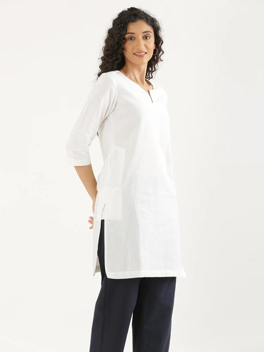 Women White Airy Linen Mid Thigh Length Kurta