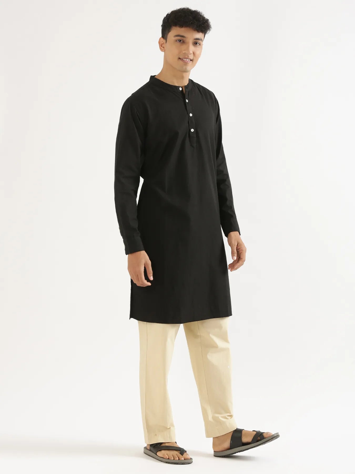 Men Black Airy Linen Long Kurta