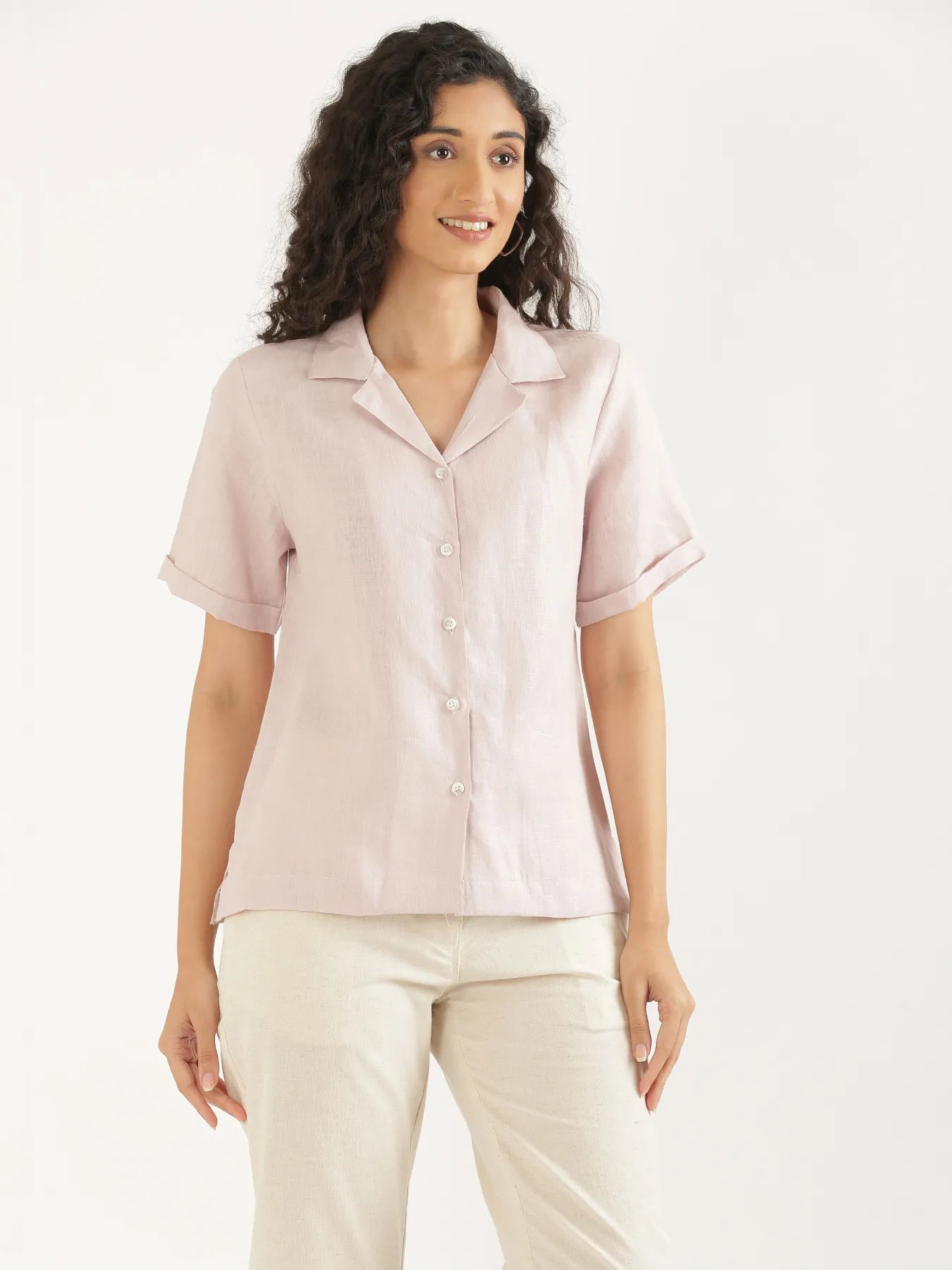 Women Light Pink Pure Linen Notch Collar Shirt