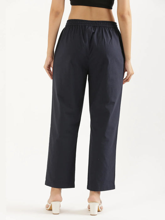 Women Navy Blue Cotton Straight Pant