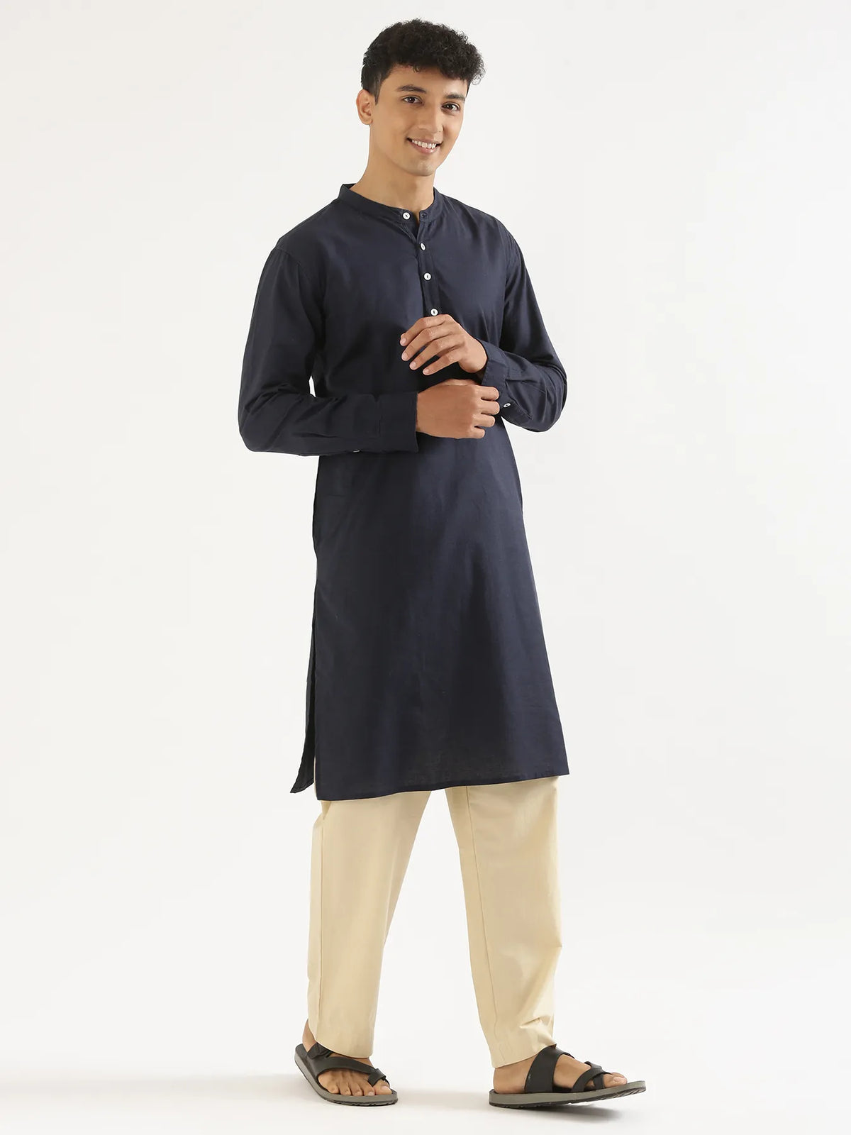 Pick Any 3 Men Airy Linen Long Kurta - Navy Blue