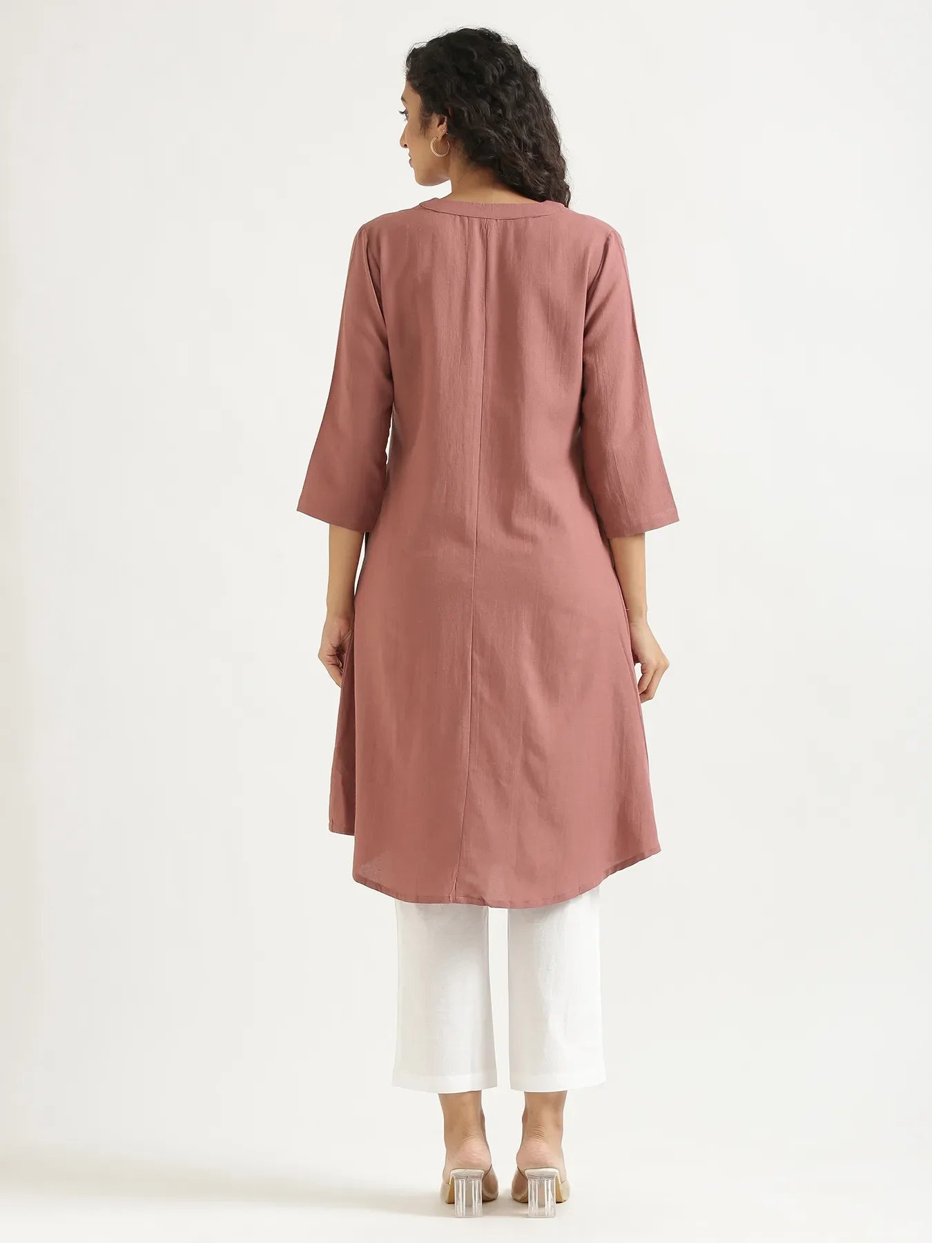 Women Rose Taupe Flowy Linen A-Line Long Kurta