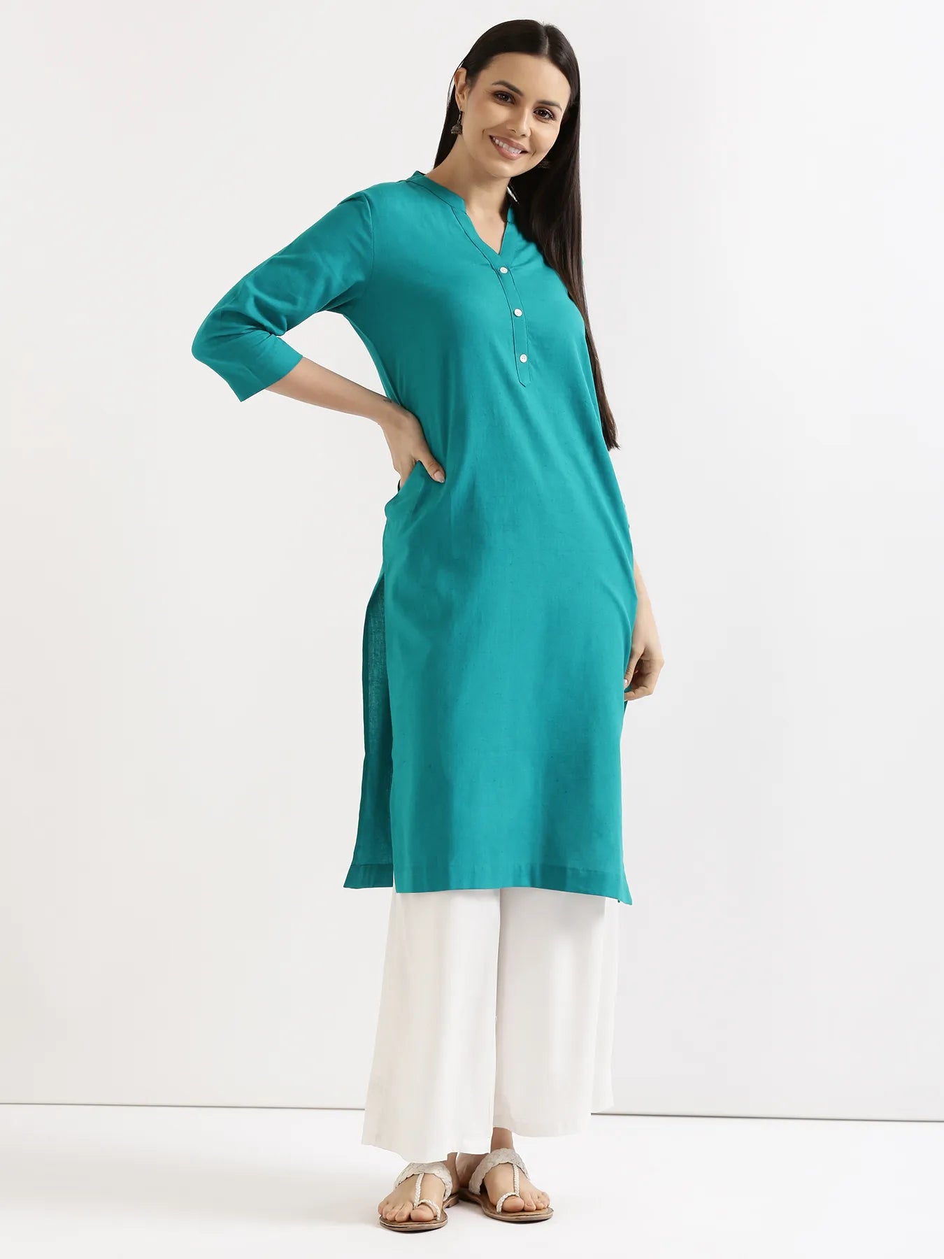Women Teal Airy Linen Long Kurta