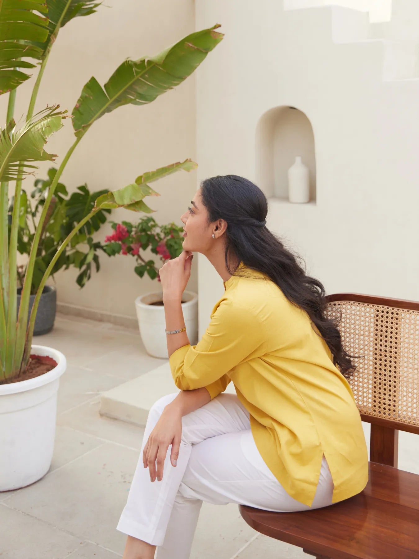 Yellow Short Kurta with White Cotton Pant