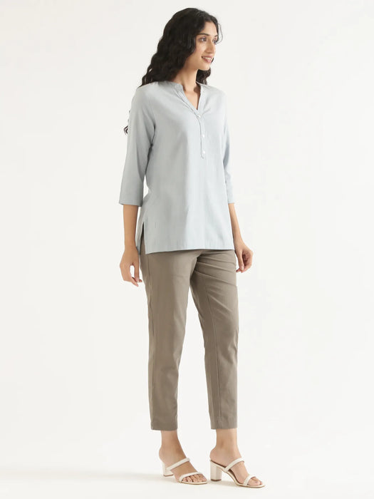 Women Sky Blue Airy Linen Short Kurta & Grey Cotton Pant Set