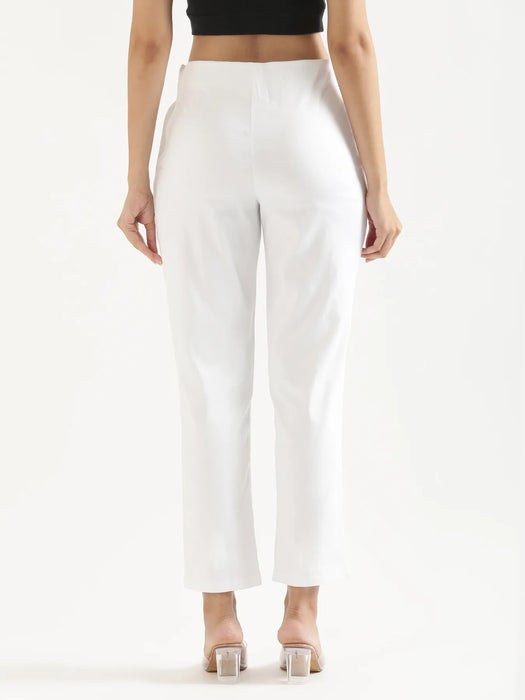 Women Olive Green & White Straight Fit Formal Pants