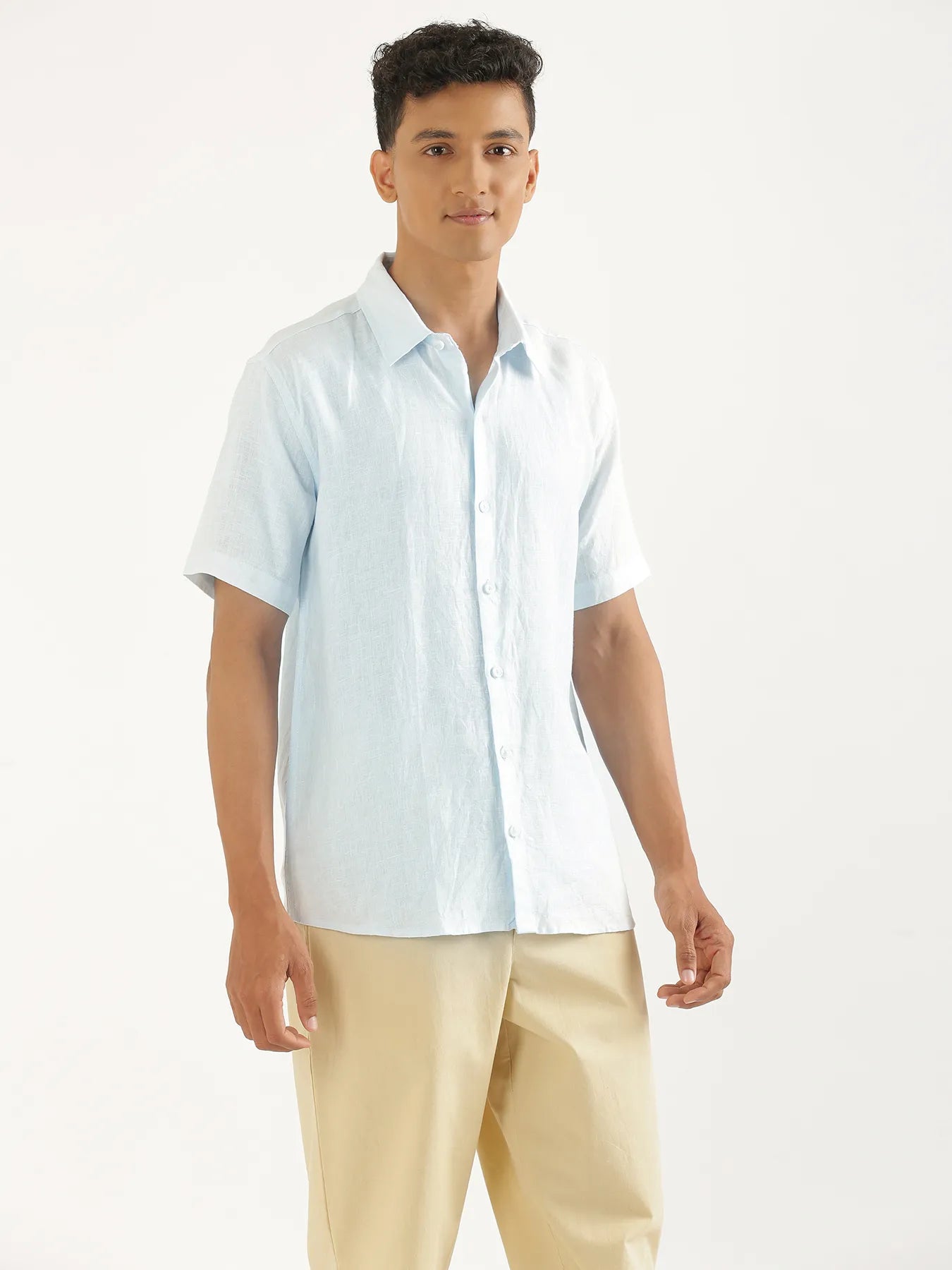 Men Light Blue Pure Linen Short Sleeve Shirt