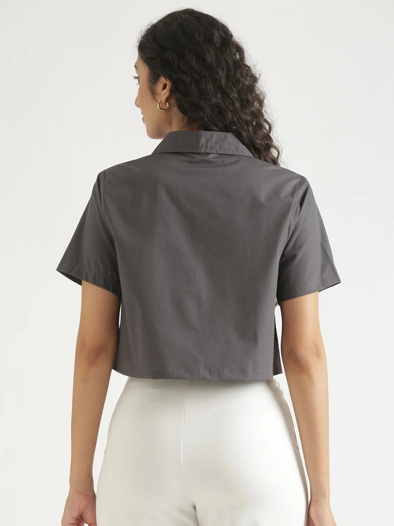Women Dark Grey Better Cotton Crop Shirt