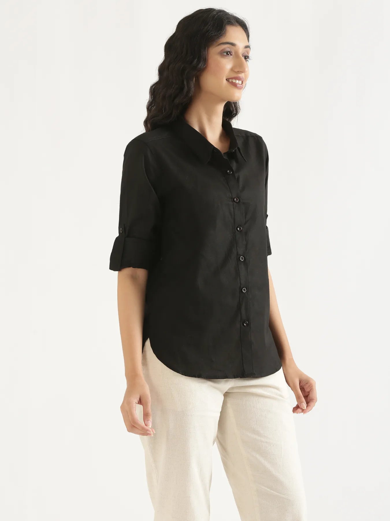 Women Black Airy-Linen Shirt
