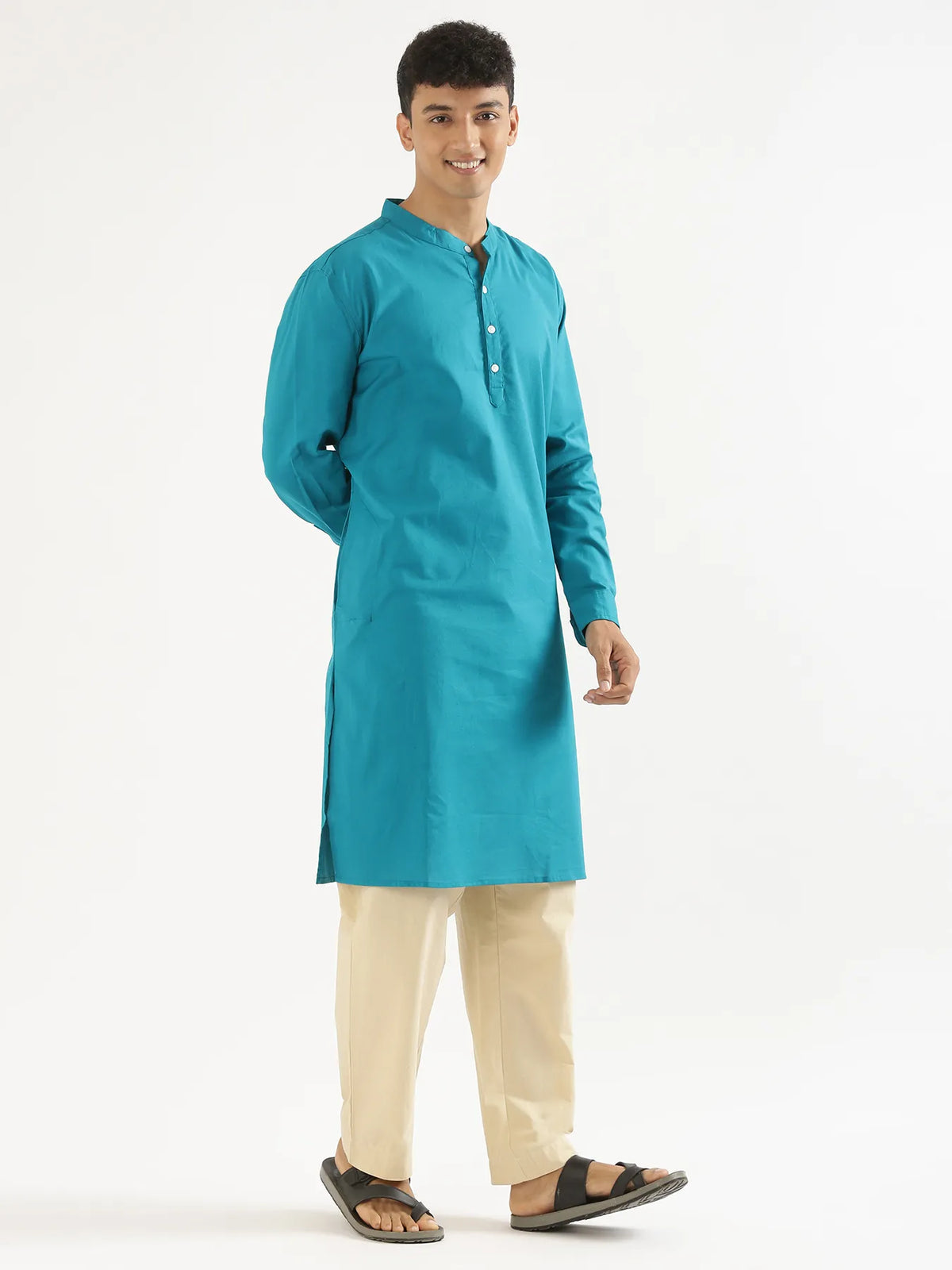 Pick Any 3 Men Airy Linen Long Kurta - Teal