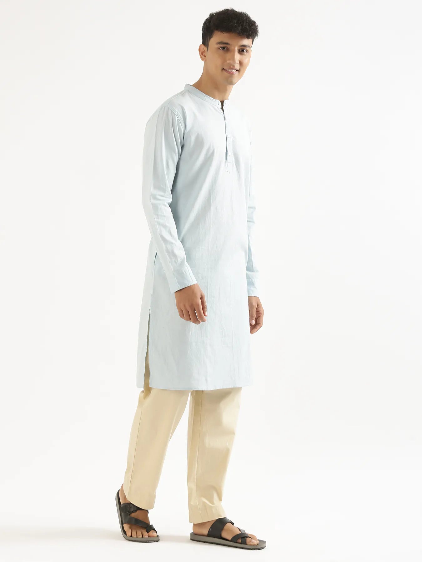 Men Sky Blue Airy Linen Long Kurta