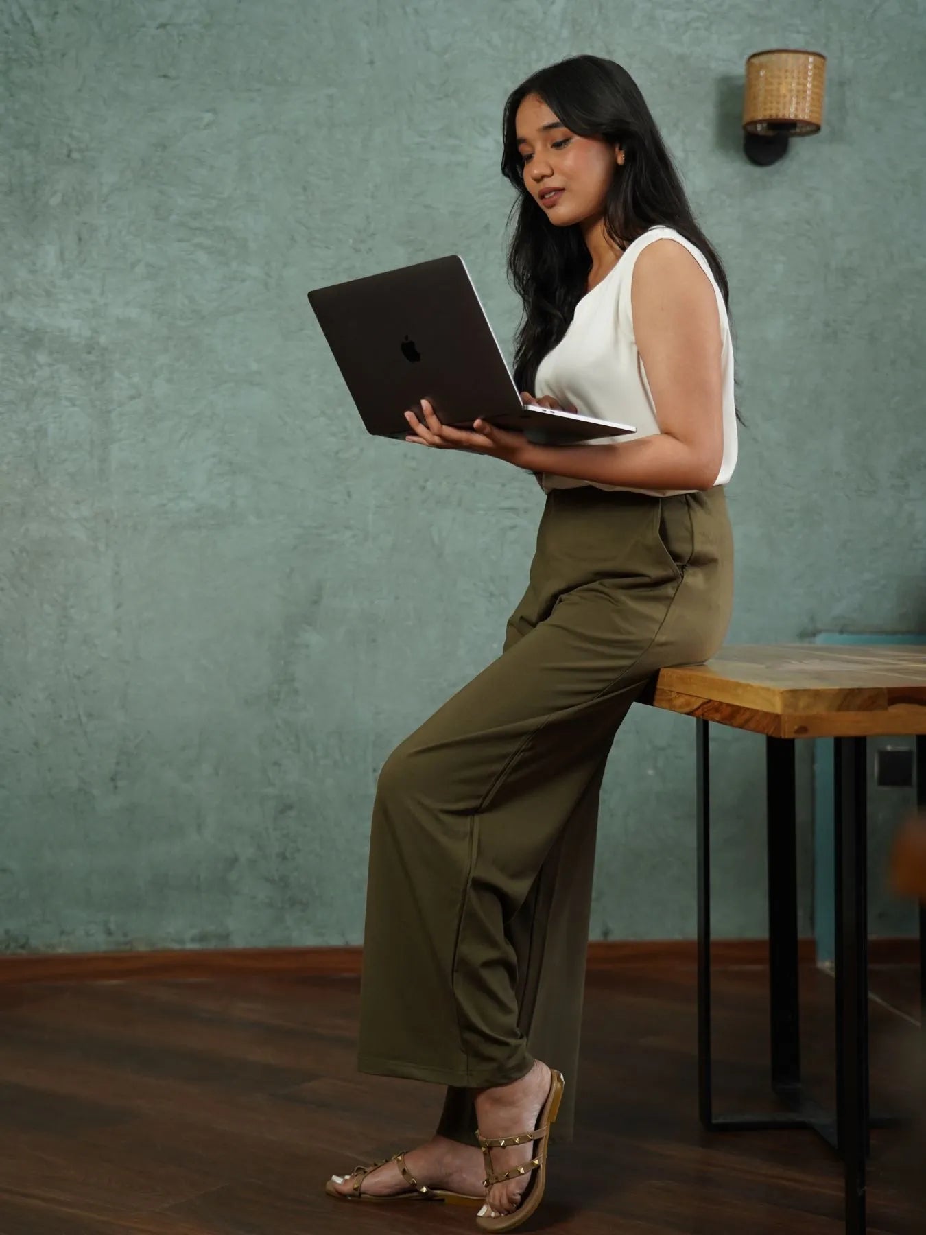 Women Olive Green Wide Leg Pants