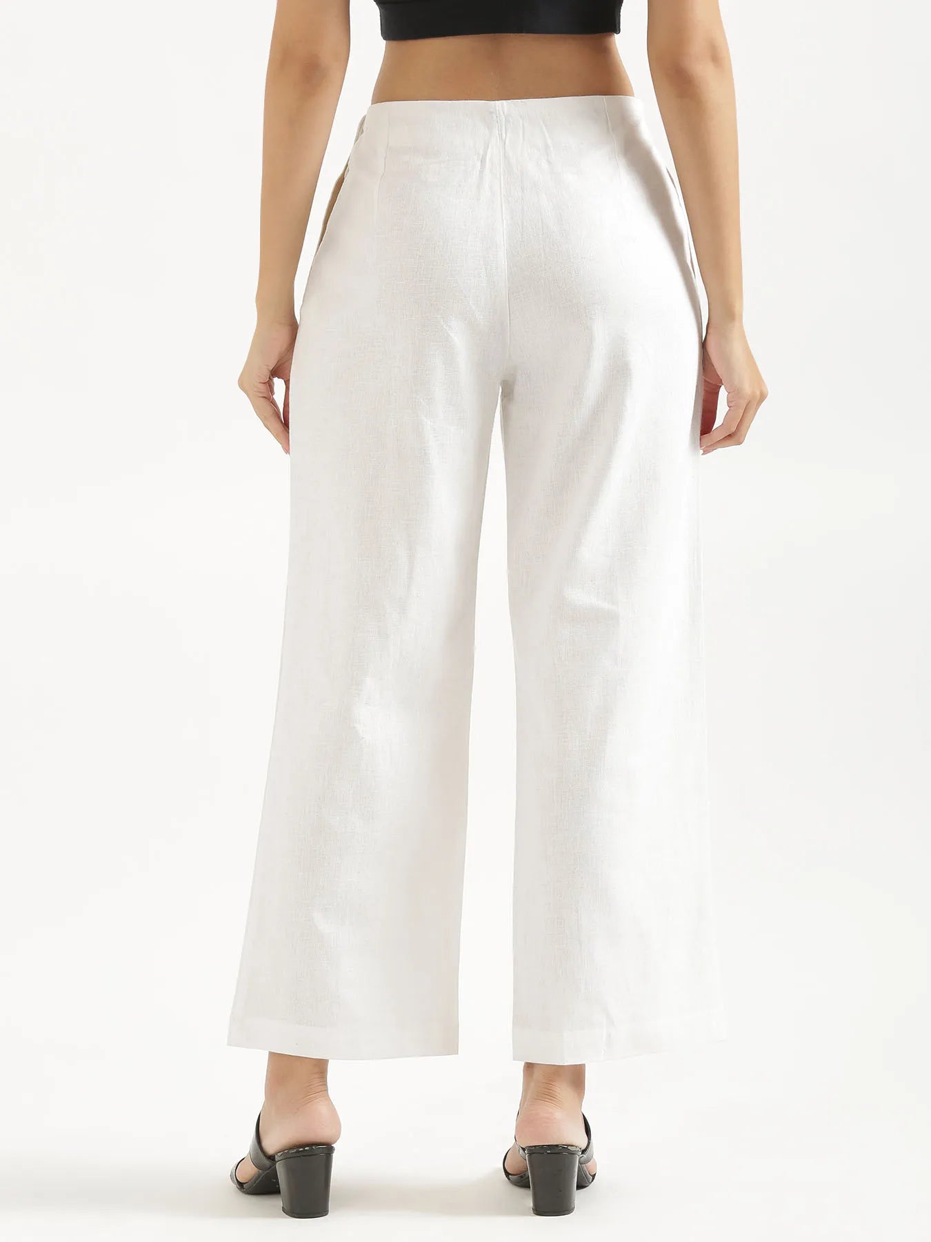 Women White Linen Blend Wide Leg Pant