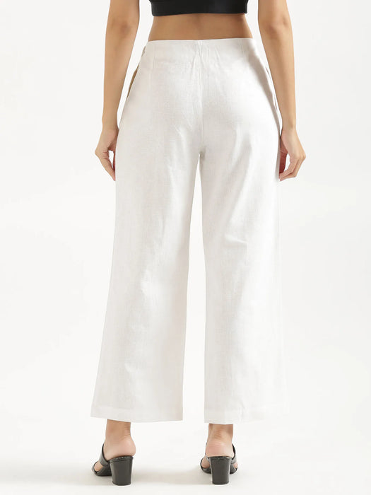 Women White Linen Blend Wide Leg Pant