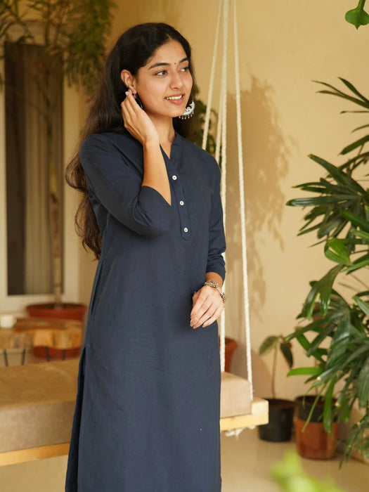 Navy Blue Airy Linen Long Kurta Co-ord Set