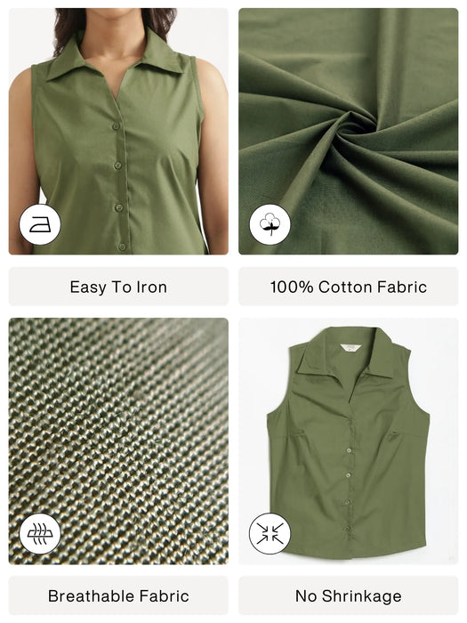 Women Forest Green Better Cotton Sleeveless Shirt