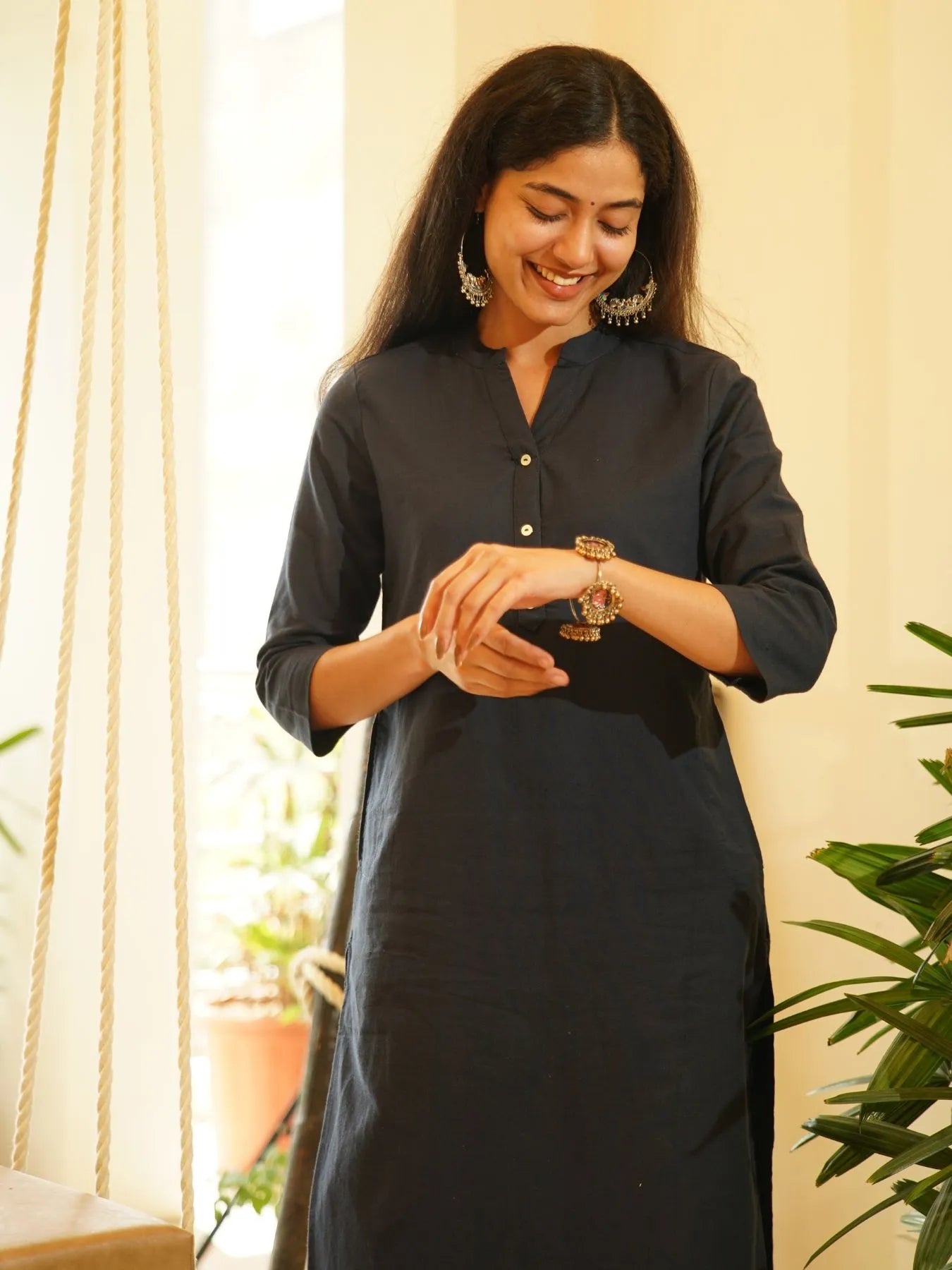 Navy Blue Airy Linen Long Kurta Co-ord Set